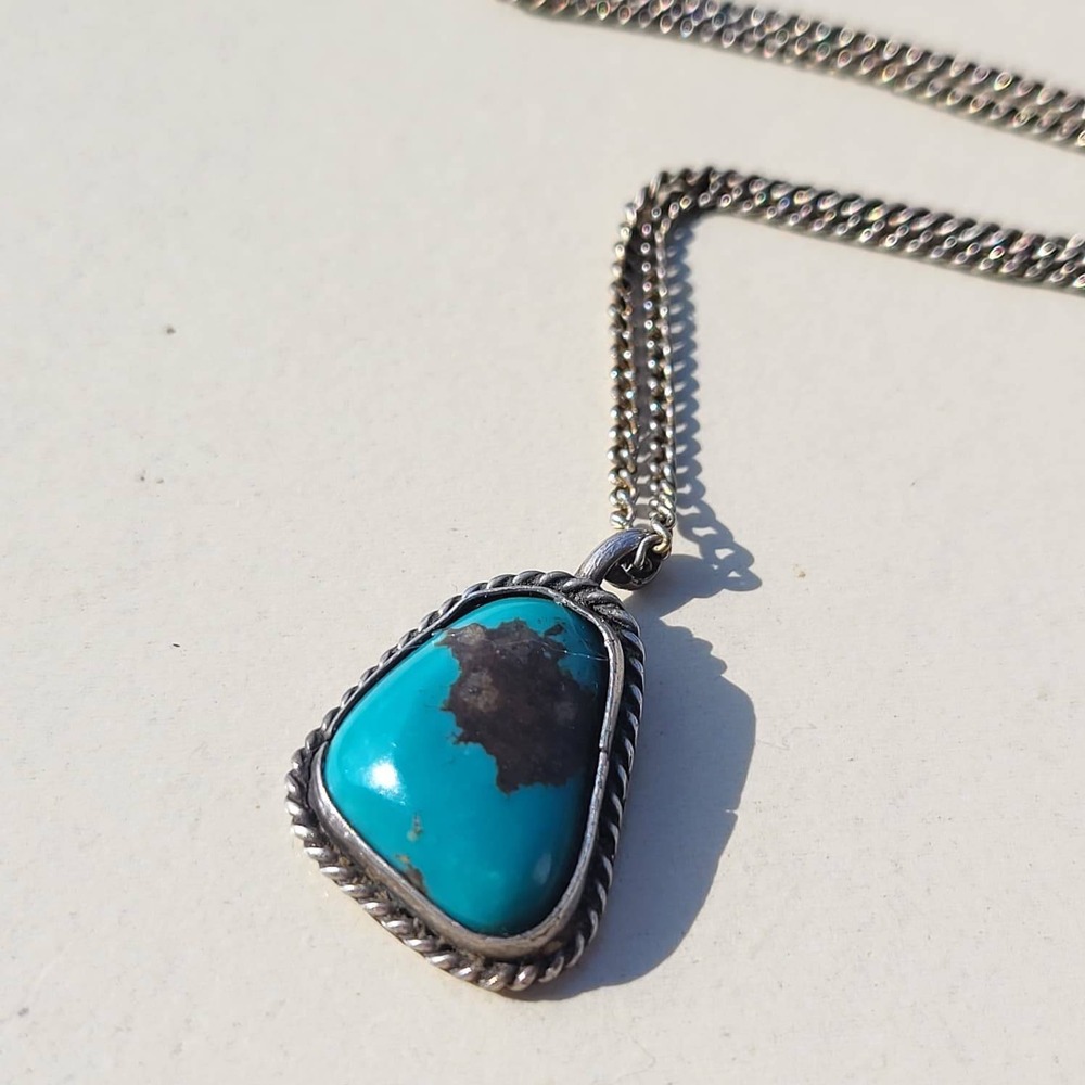 Vintage Silver Turquoise Pendant Necklace Blue Green Natural Stone